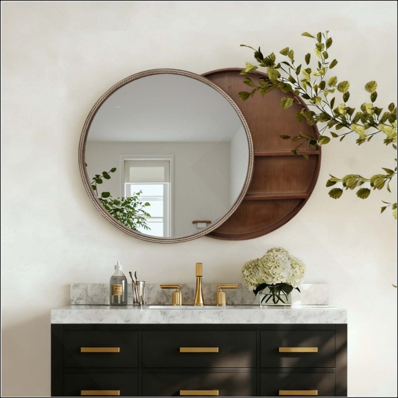 Miroir mural rond avec tablettes de rangement - armoire latérale en bois à 2 niveaux, miroir suspendu peu encombrant pour meuble-lavabo, chambre à coucher et entrée