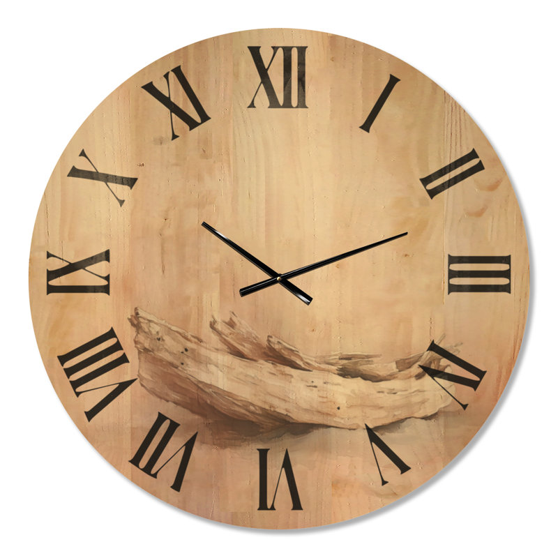 Horloge murale ronde beige de style côtier Driftwood Whisper, motif de bois, Très grand
