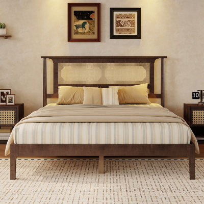 Vintage Platform Bed Frame with PE Rattan Woven Headboard & Solid Wood Slat Support, No Box Spring Needed, Pine
