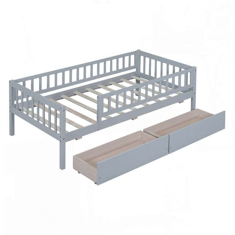 Lit en bois avec 2 tiroirs, gris, Simple
