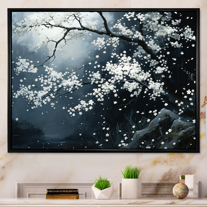 Arbre blanc et noir en fleurs - Tachisme, Cadre flottant noir, H 16 po x l 32 po x P 1 po