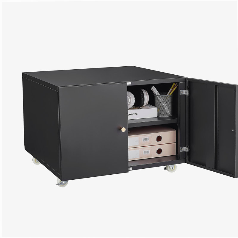 Black Metal Double-Door Printer Cabinet with 360° Lockable Casters, Adjustable Shelves, Waterproof Storage Cabinet for Office / Home / Garage
