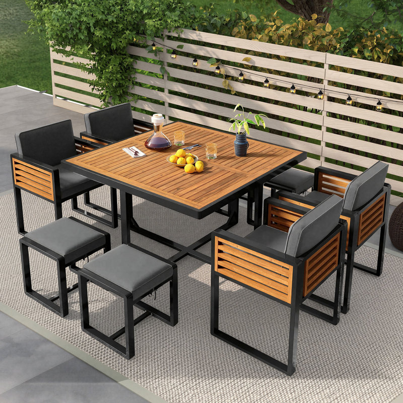 9-Pieces Premium Acacia Wood Patio Dining Set with Cushions, 4 Cushioned Chairs & 4 Ottomans & 1 Square Table, Gray