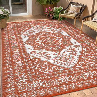 Tapis d'extérieur, tapis de patio réversible, grand tapis de camping pour camping-car à médaillon rétro, tapis de paille en plastique imperméable pour l'extérieur, terrasse, pique-nique, plage, jardin