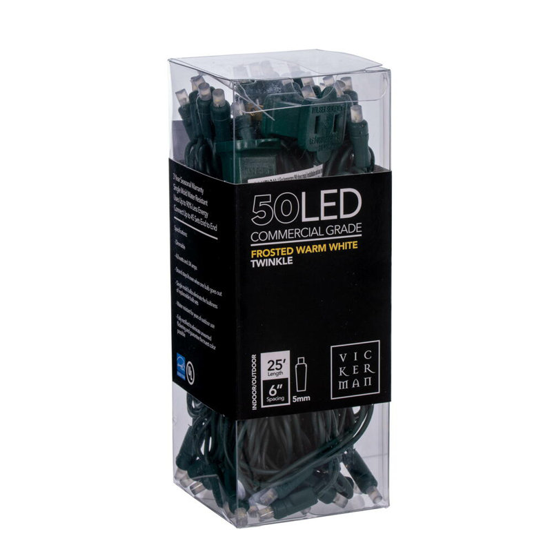 50 Frosted Yellow Wide Angle Single Mold End-Connecting LED Light Set, Warm White