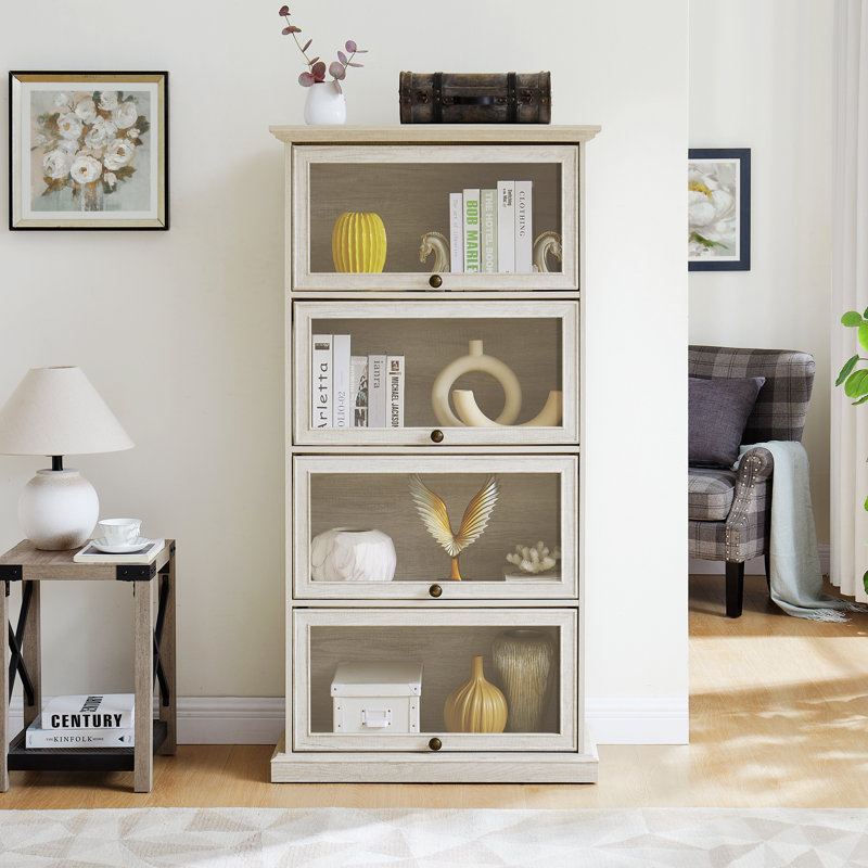 Vitrine à 4 niveaux en verre pour le salon, armoire de rangement élégante avec portes en verre rabattables, Blanc