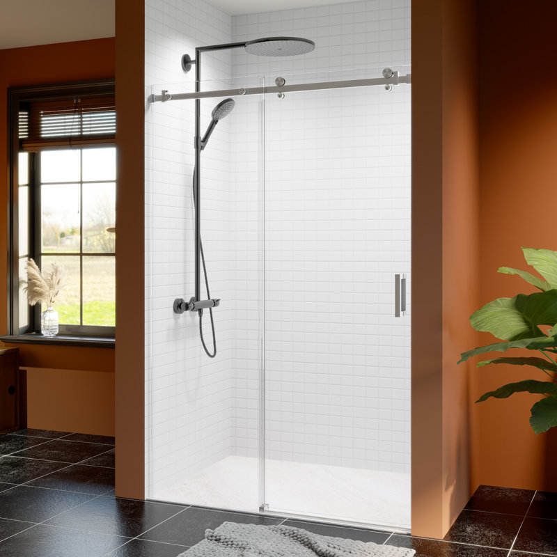 46"-48" W X 76" H Frameless Single Sliding Shower Door,  5/16" (8Mm) Thickened Upgrade Tempered Glass Door, Smooth Roller Stainless Steel Hardware, Reversible Mounted Modern Bathroom Enclosure