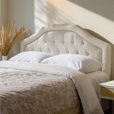 Tête de lit capitonnée en tissu ivoire - Pieds en bois massif et en métal avec hauteur réglable et garniture cloutée