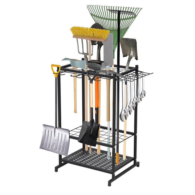 Garden Tool Organizer,3 Tier Yard Storage Rack With Shelves,Heavy Duty Holder With Long-Handled Slots& Hooks for Yard Shed and Lawn