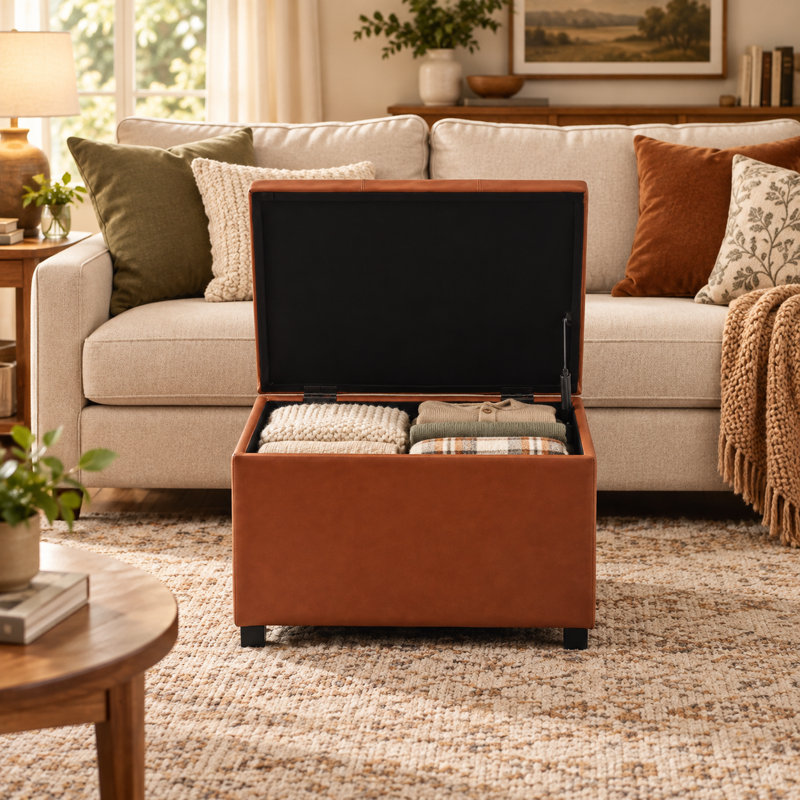 24" PU Faux Leather Storage Ottoman For Living Room, Light Brown, Black