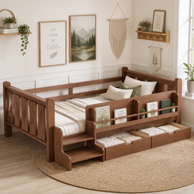 Lit en bois Montessori avec tablettes et escaliers