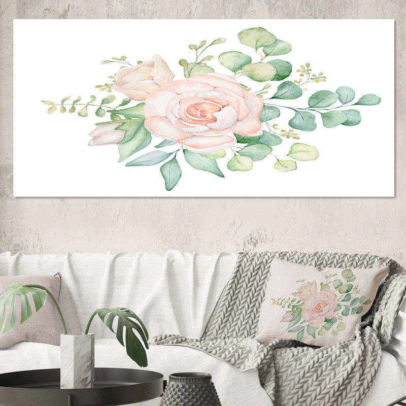 Bouquet de fleurs de rose et d'eucalyptus - Peinture sur toile, H 28 po x l 60 po x P 1,5 po, Toile tendue