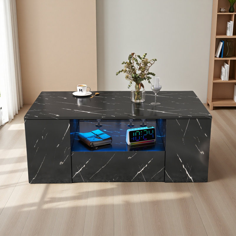Tables basses modernes pour le salon, table basse à DEL, table basse avec rangement, petite table basse, table centrale en bois avec 2 tiroirs et tablette latérale ouverte