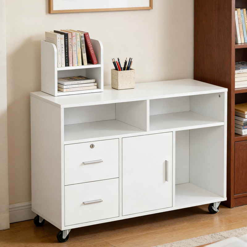 Armoire de rangement de bureau et de cuisine avec design nordique - 3 tablettes, 2 tiroirs, armoire, freins verrouillables, roulement doux, L 39,25 po x l 13,75 po x H 25,5 po, grande capacité pour 4 panneaux de particules blancs,