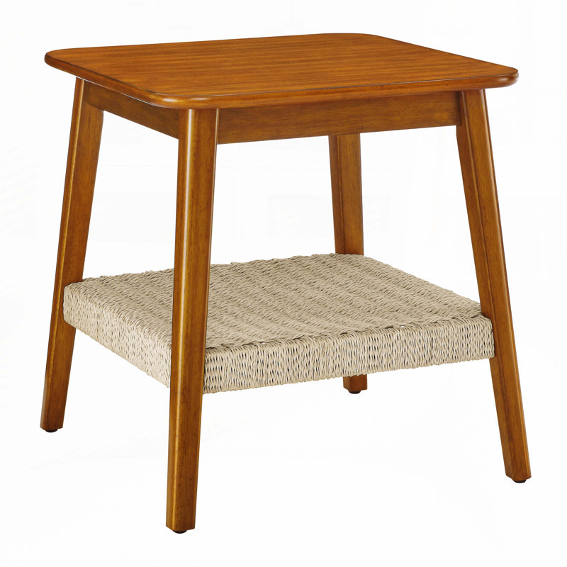 Side Table with Woven Shelf, Boho Side Table with Storage