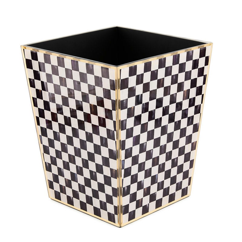 Mocha Check Glass Waste Bin, Black/White/Gold
