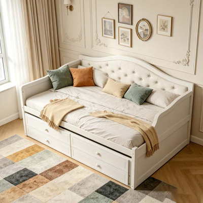Lit de jour avec couchette, lit de jour simple avec 2 tiroirs de rangement, canapé-lit en bois avec dossier capitonné à boutons