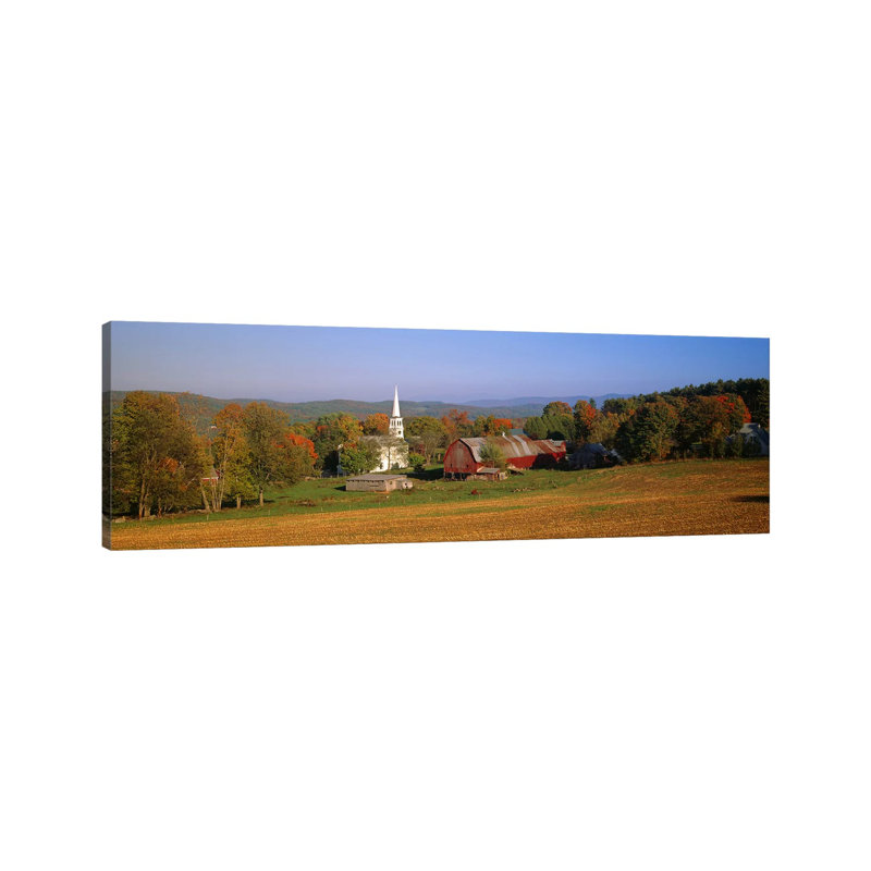 Church And A Barn In A Field, Peacham, Vermont, USA - Wrapped Canvas Panoramic Print, 30.48 cm H x 91.44 cm W x 1.91 cm D