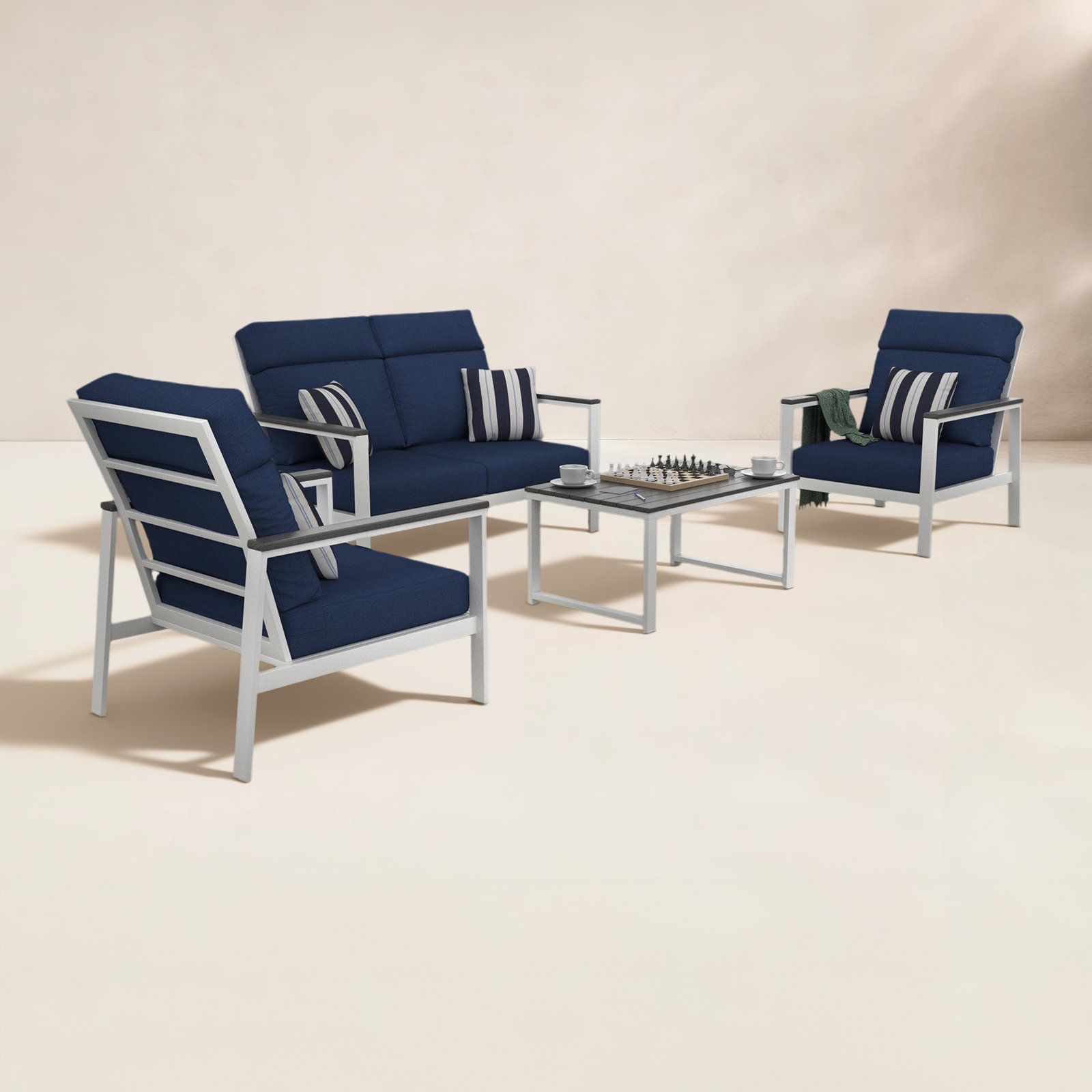 Hofman 4 Person Seating Group With Sunbrella Cushions, Gray, Canvas Navy