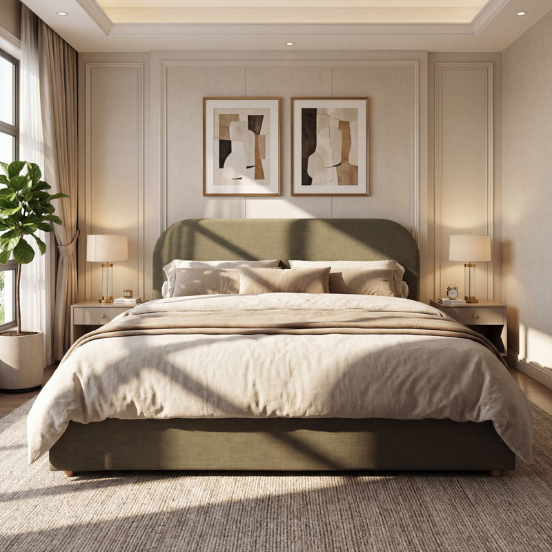 Platform Bed With Curved Linen Blend Upholstered Headboard And Solid Wood Legs, Queen, Green