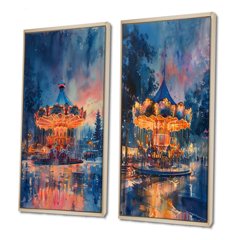Carrousel de contes de fées orange et bleu, ensemble d'art mural 2 pièces, H 28 po x l 24 po, Cadre flottant en érable
