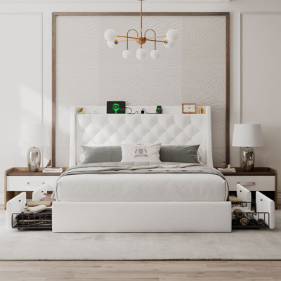 Full Bed Frame with 4 Storage Drawers, Upholstered Storage Bed with Charging Station, Wingback Storage Headboard, No Box Spring Needed,White