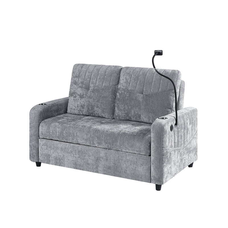 Lit gris avec rangement latéral et trois ports de charge, dossier et rangement réglables de 53,9 po, Gris