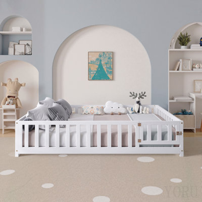 Full Size Floor Platform Bed With Fence And Door For Kids, Montessori Floor Bed Frame With Support Slats For Toddlers, Wooden Floor Bed White