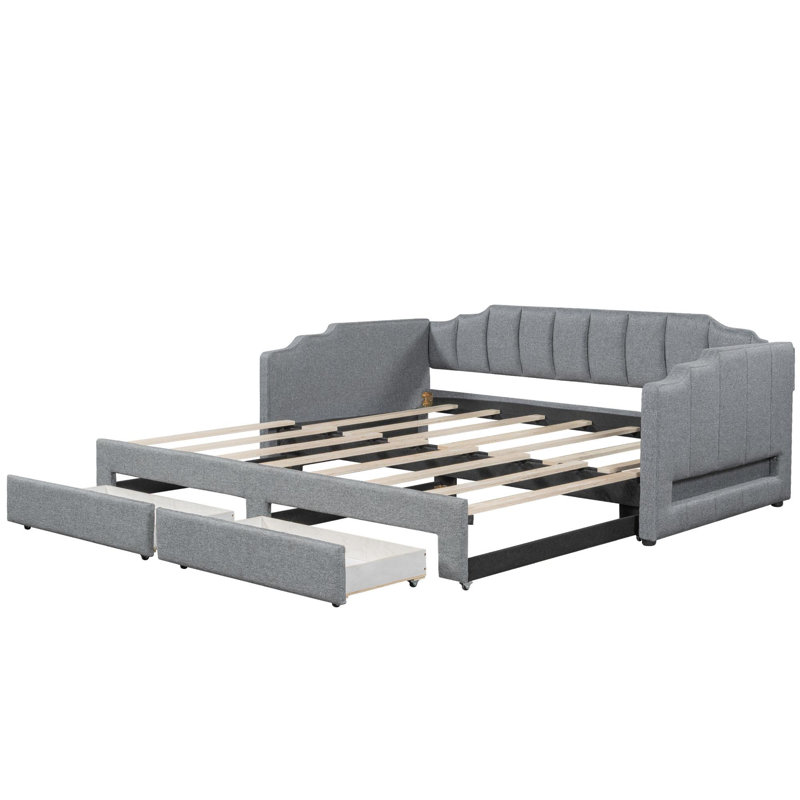 Extendable soft cushion sofa bed with two storage drawers and LED lights, Gray