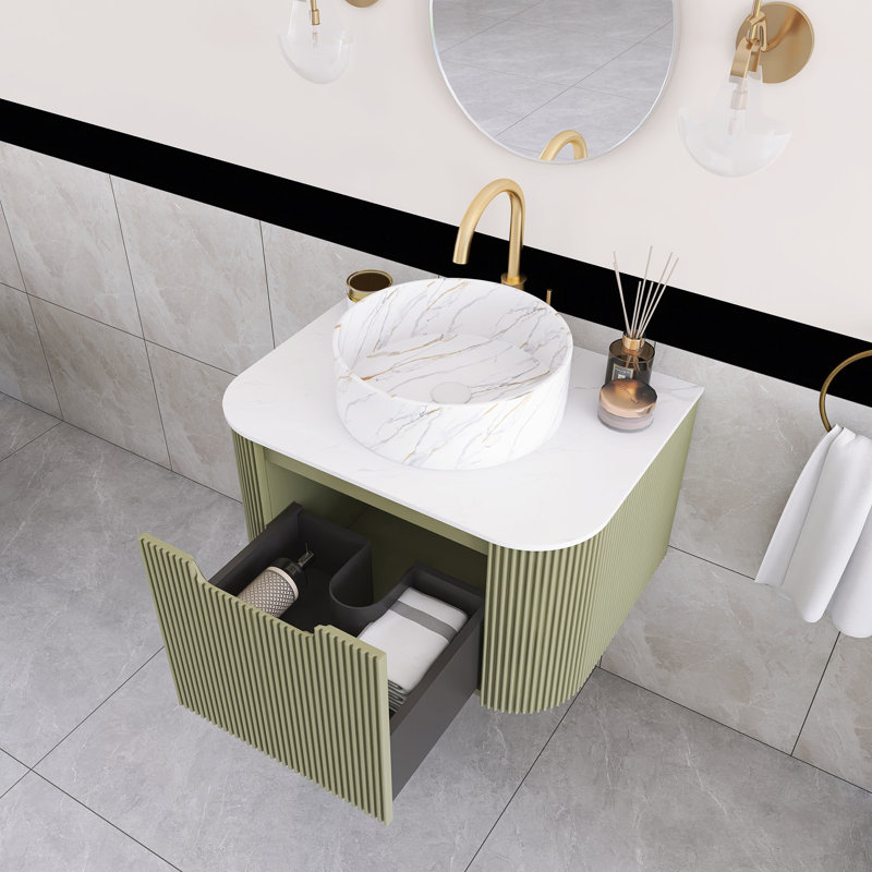 24 po Meuble-lavabo mural simple flottant en bois naturel avec plateau en marbre artificiel, Vert clair