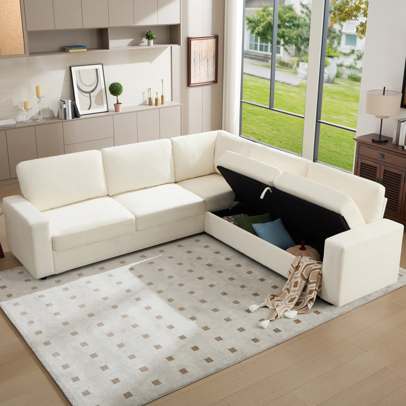 105" Oversized L-Shaped Sectional Sleeper Sofa, 3-in-1 Convertible Pull-Out Sofa Bed with Storage & High Resilience Mattress, Chenille Beige