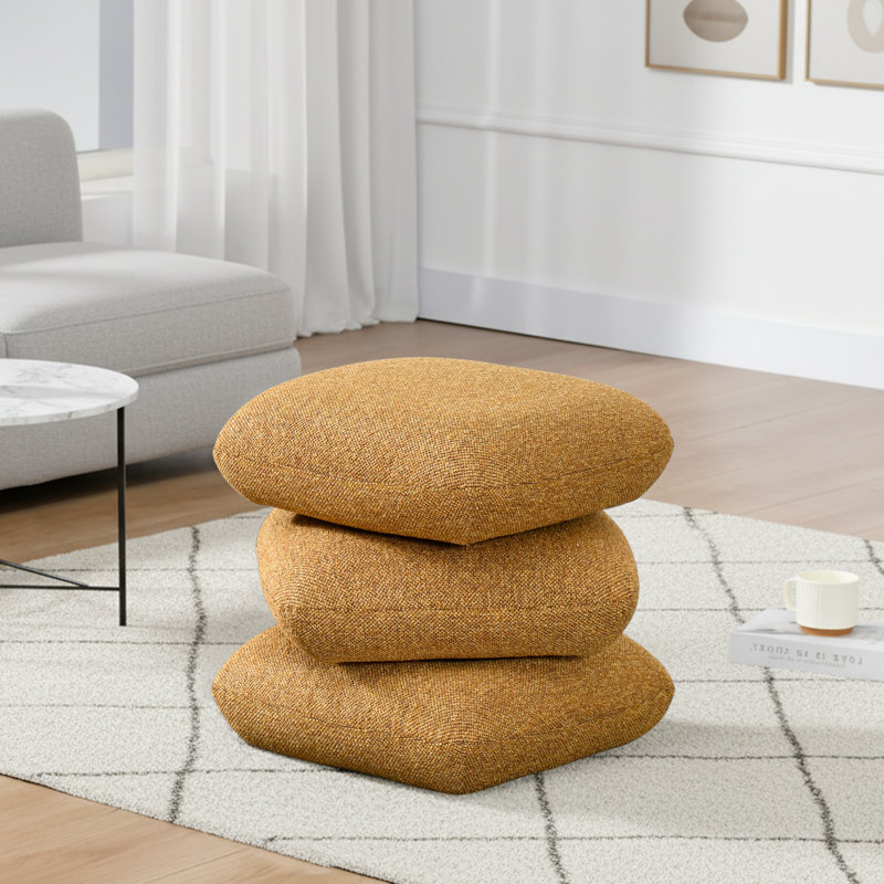 Square Linen Swivel Ottoman Footstool with Stacked Cushion Design for Living Room, Yellow