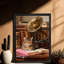 «Black Chats Vintage» dormant chaleureusement dans des livres, impressions d'art encadrées de style rétro-437091680