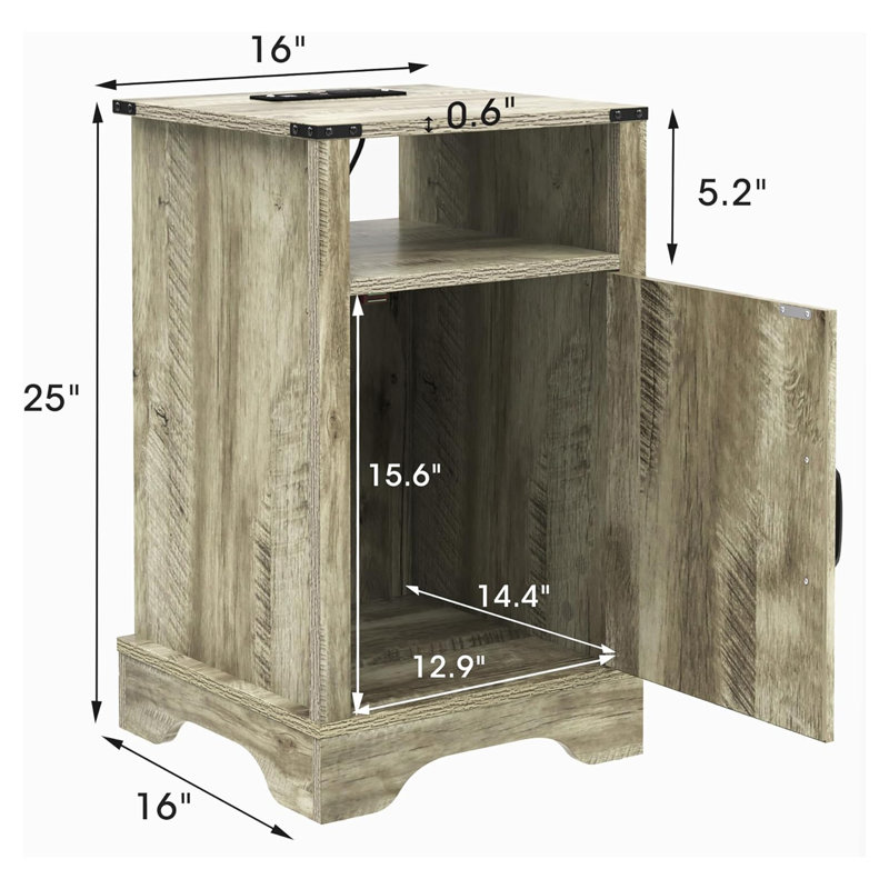  Farmhouse Nightstand with Charging Station, Set of 2, Light Grey, Light Gray