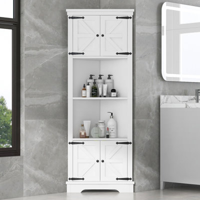 Grande cabine de rangement autoportante blanche triangulaire avec 3 tiroirs et tablettes réglables