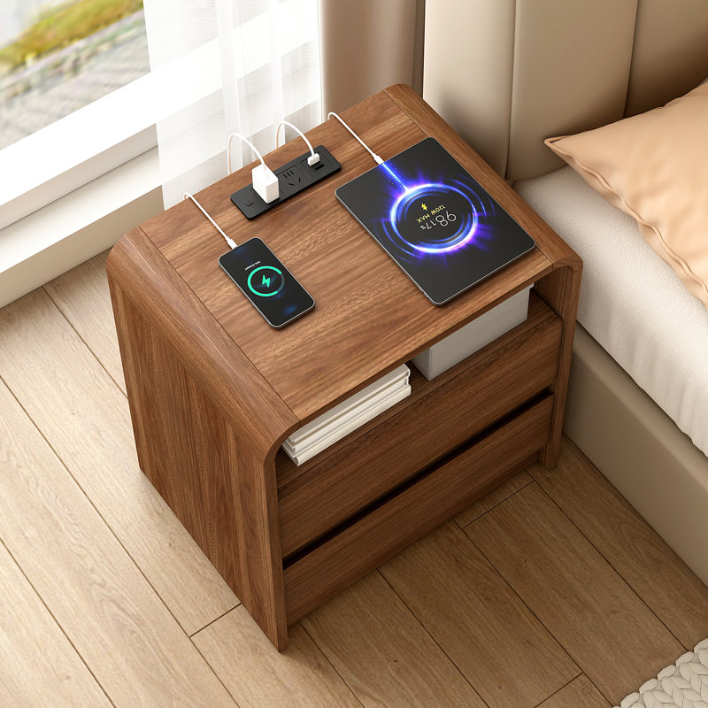 Walnut Nightstand with Charging Station, 21 Inch Wide Night Stand with Deep Drawers, Modern Bedroom Bedside End Table with Rounded Corners Anti-Collision Design for Dorm, Sofa, Office