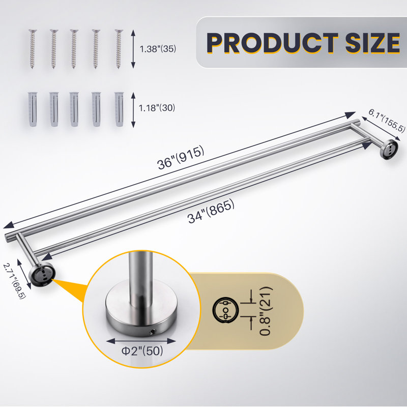 Double barre à serviettes en acier inoxydable SUS 304, porte-serviettes mural pour salle de bain, H 2 po x l 36 po x P 6,1 po