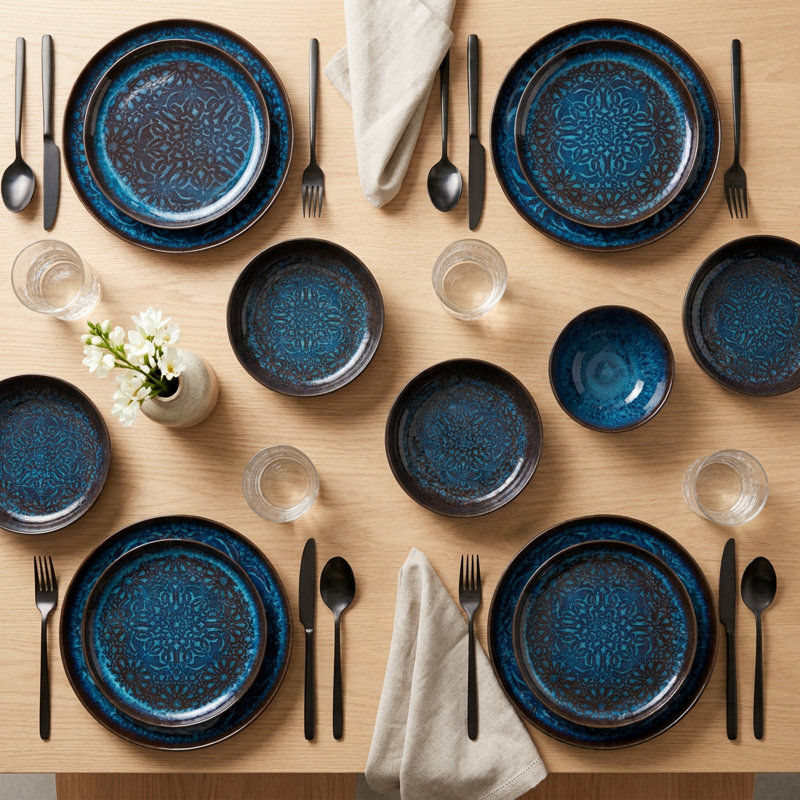 Artisanal Oceanic Blue Bone Porcelain Dinnerware Set (12-Piece Service for 4)