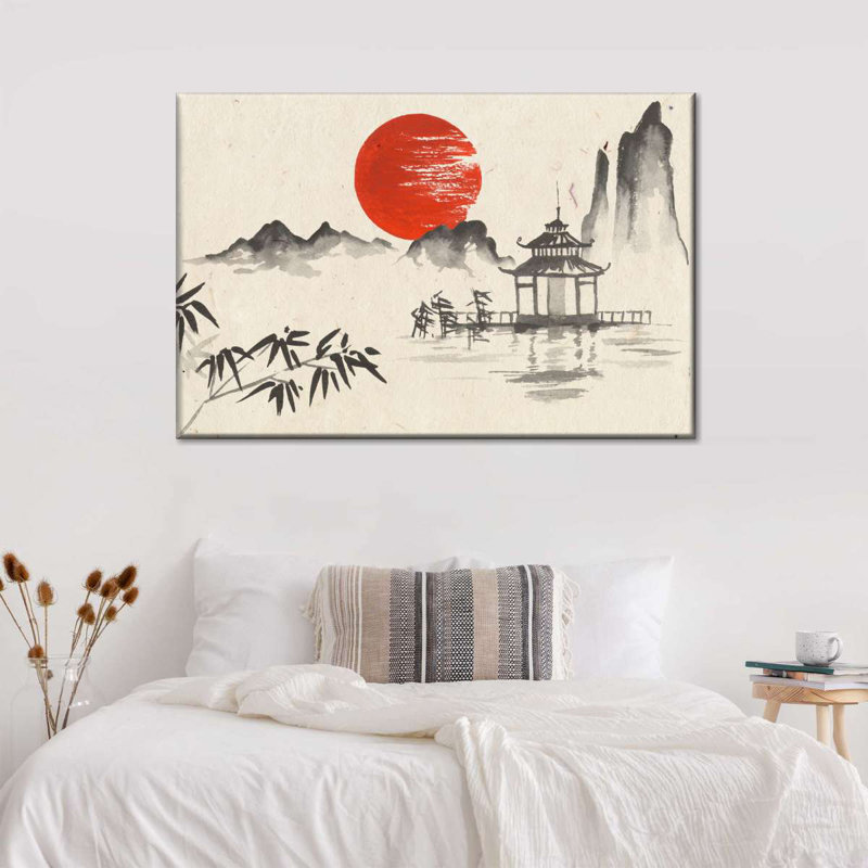 Pavillon japonais, coucher de soleil sur toile, H 12 po x l 8 po x P 1 po