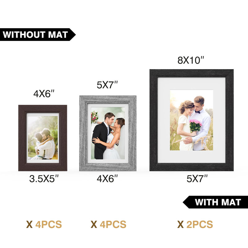 10 Pack Picture Frames Collage Wall Decor, Gallery Wall Frame Set With Mat For Wall Mounting Or Tabletop Display, Including Two 8X10, Four 5X7, Four 4X6 Family Photo Frames, Black Grey Brown