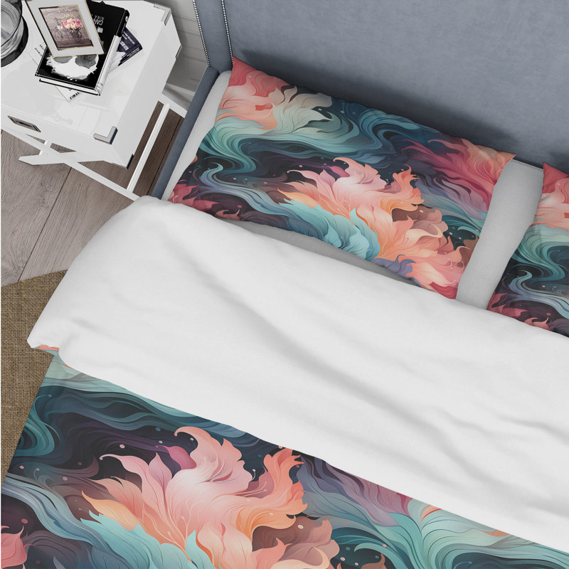 Literie Coral Illusion, Housse de couette pour grand lit et 2 taies décor