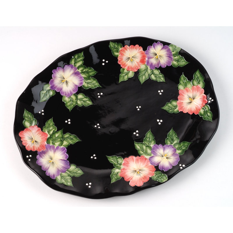 Plateau de service noir à motif floral