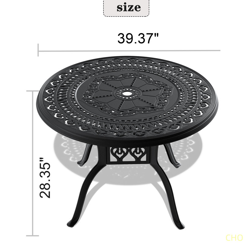 Table de salle à manger 39,37 pouces en fonte d'aluminium avec cadre et trou pour parasol
