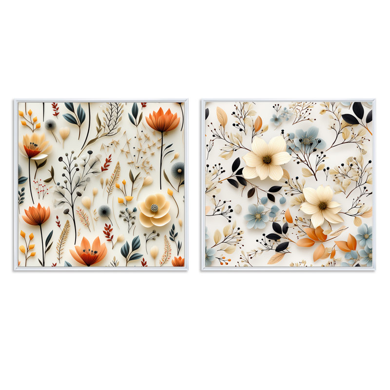Automne orange et blanc fleurs de chalet III - ensemble de collage carré floral 2, Cadre flottant blanc, H 16 po x l 33 po