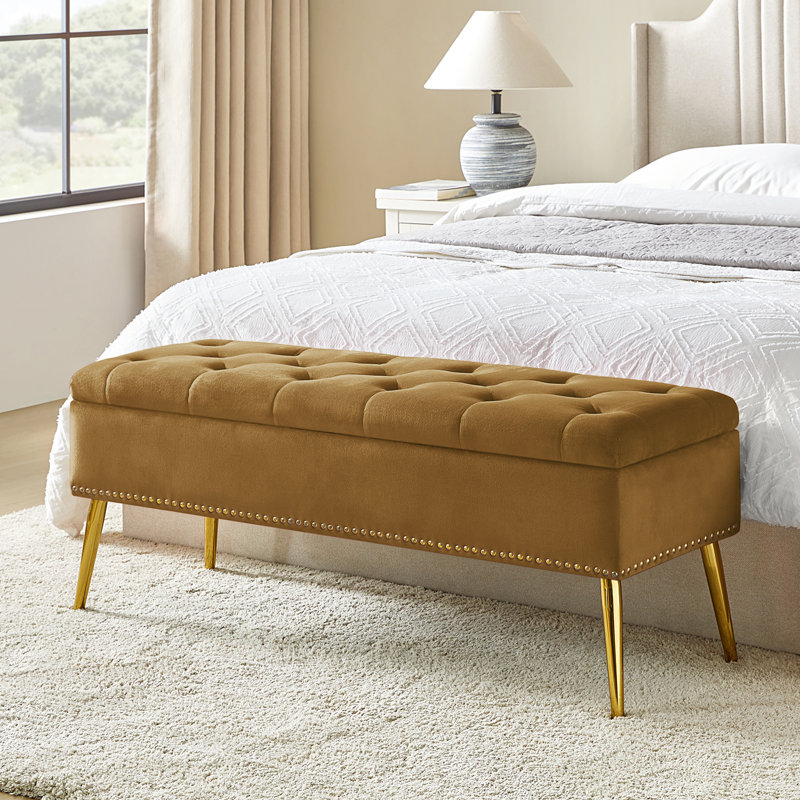 Banc de rangement rembourré en velours Kajana, Doré