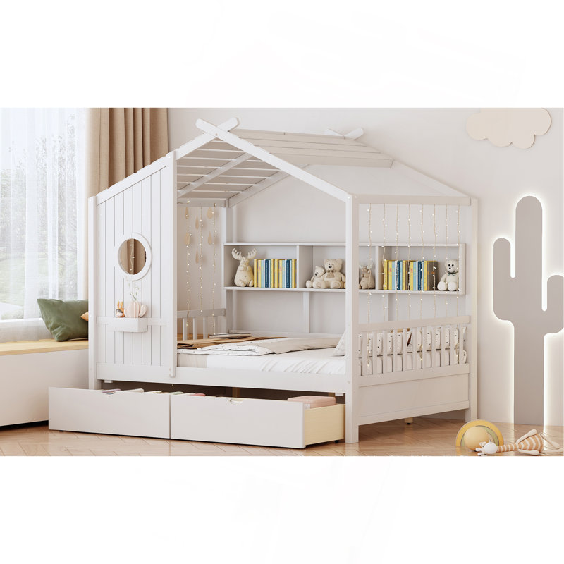 Lit en bois avec 2 tiroirs, lit pour enfant avec tablette de rangement, blanc, Lit double