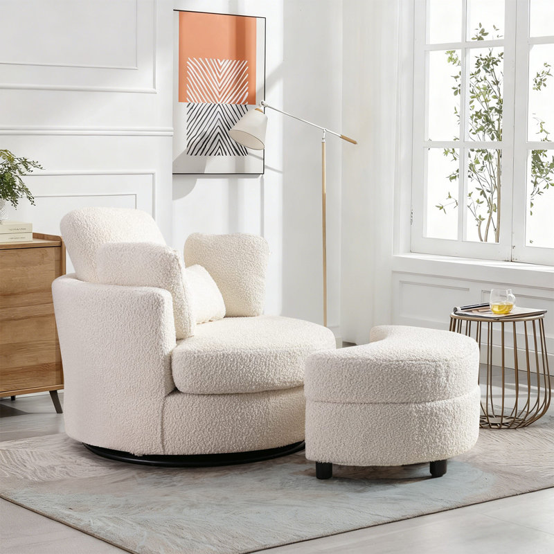 42" W Oversized Swivel Accent Chair with Half Moon Storage Ottoman, 360 Degree Teddy Modern Barrel Swivel Chair, Upholstered Comfy Round Sofa Reading Armchair for Livingroom, Bedroom, Club