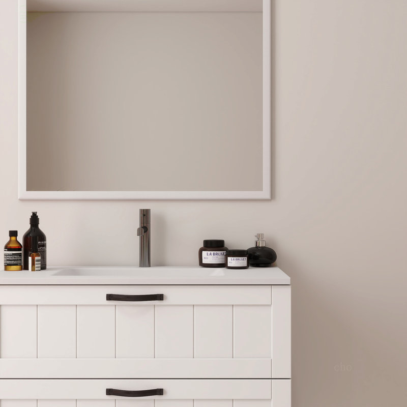 Armoire de salle de bain 31,5 pouces de style moderne, double tiroir avec ligne décorative, meuble-lavabo mural avec lavabo et miroir, système de fermeture en douceur, bois massif, pour la salle de bain