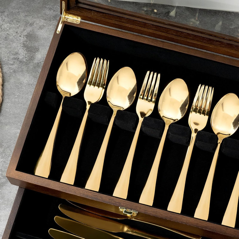 Fine Silverware Box With Glass Lid, 2-Layer Wooden Silverware Chest With Drawer,2 Layer, Walnut