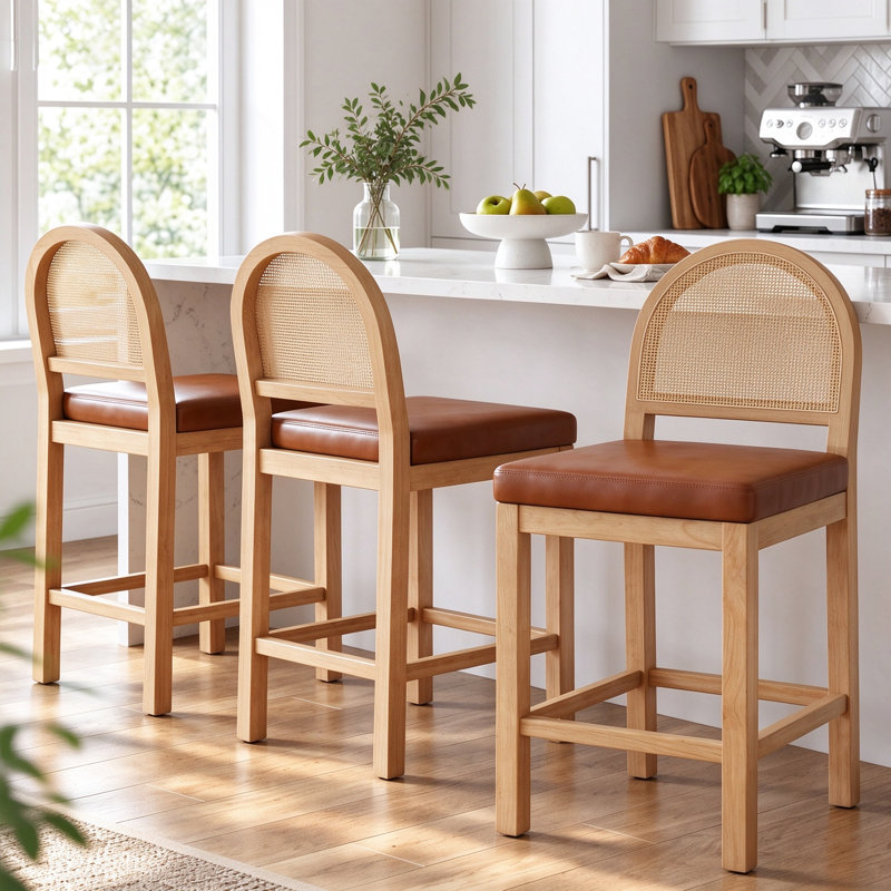 Tabourets de bar en bois avec dossier en rotin naturel (ensemble de 2), Set Of 3
